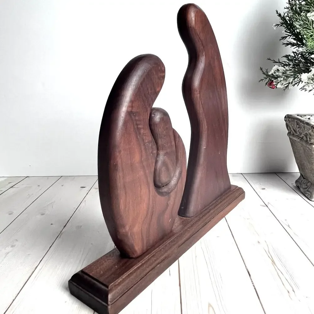 VTG Holy Family Abstract Hand Carved Solid Wood Statue Sculpture Mary Jesus MCM